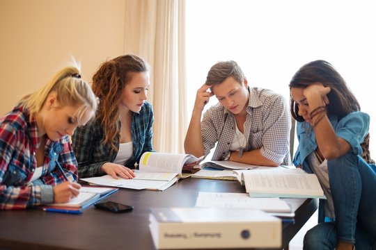 Group of students preparing for exams in apartment