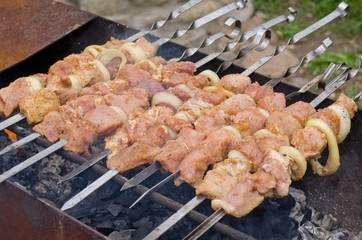 Kebabs cooking over a hot barbecue fire