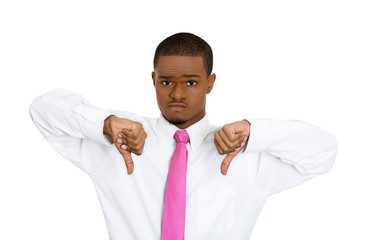 Portrait young student customer giving Thumbs down gesture