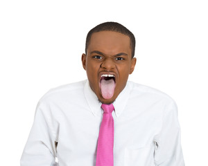 Immature business man sticking out his tongue