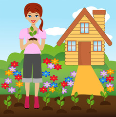 Obraz na płótnie Canvas young woman plant flower in soil