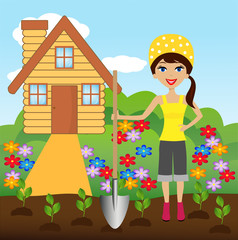 Fototapeta premium young woman plant flower in soil