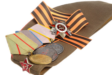 Soviet military cap, Saint George ribbon, medals of Great Patrio