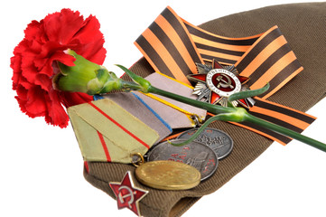 Soviet military cap, red clove, Saint George ribbon, medals of G