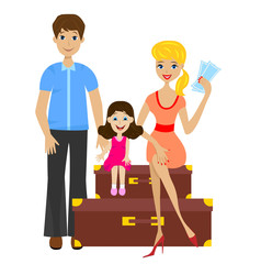 family sets forth for vacation and sit on suitcases