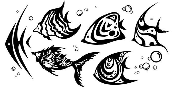 Set of abstract fishes in tattoo style