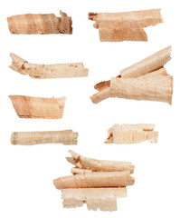 set wood shavings isolated on white background