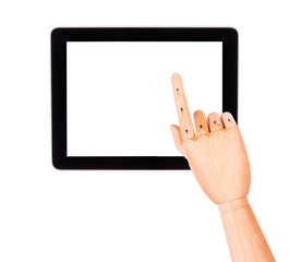 tablet computer with wooden hand isolated