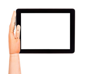 tablet computer with wooden hand isolated