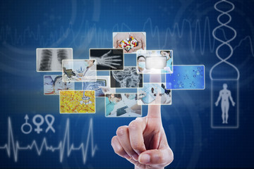 Hand touching pictures on virtual screen