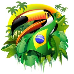 Toco Toucan with Brazil Flag - obrazy, fototapety, plakaty