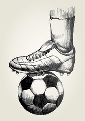 Naklejka premium Sketch illustration of a soccer player's foot on soccer ball