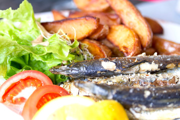 Grilled sardine fish served with green salad and potatoes