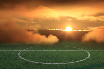 Fototapeta na wymiar green grass soccer field, sunbeam sport game