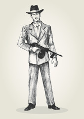 Sketch illustration of a man holding a thompson gun