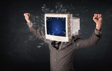 Computer monitor screen exploding on a young persons head