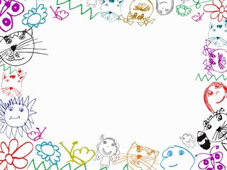 colorful children's drawings frame background - obrazy, fototapety, plakaty