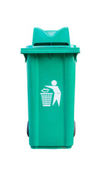 Large green garbage bin on white black ground