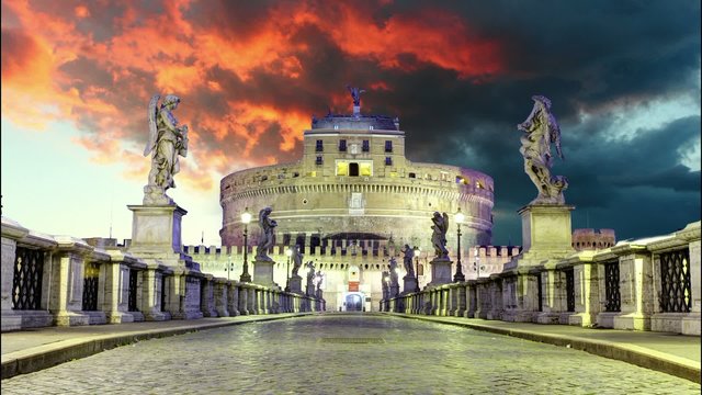 Castel Sant Angelo from bridge, Rome.Time lapse