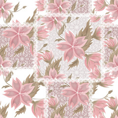 Patchwork seamless white lace retro pink flowers pattern