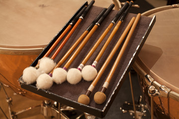 Closeup  of mallets.   drum set