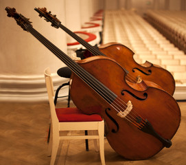 Contrabass on stage in front of an empty hall