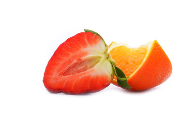 Strawberries and tangerine isolated on white background