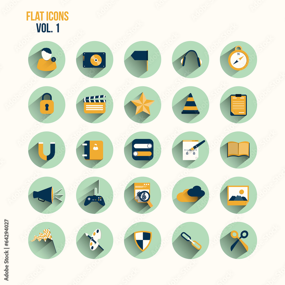 Poster modern flat icons vector collection with long shadow effect