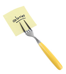 Note paper with message  attached to fork, isolated on white