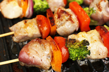 Pork kebab on grill close up