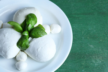 Tasty mozzarella cheese with basil