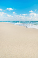 Fototapeta na wymiar sea beach against wave foam and blue bright sky - vacation conce