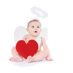 Cute infant with angel wings, nimbus and heart isolated on white