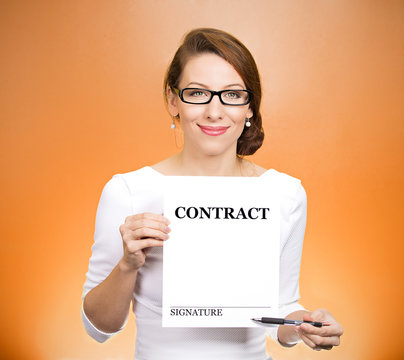 Business woman offering to sing contract, orange background 