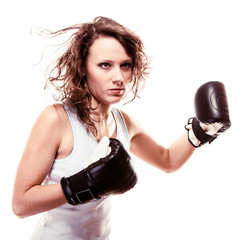 Sport boxer woman in gloves. Fitness girl training kick boxing
