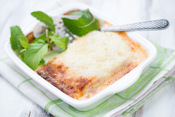Glass dish with vegetable lasagna, horizontal shot