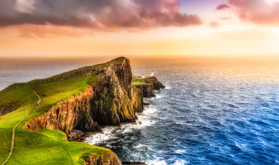 Printed roller blinds Lighthouse Colorful ocean coast sunset at Neist point lighthouse, Scotland