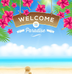 Signboard Welcome on a tropical beach