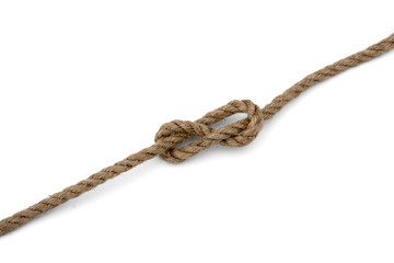 A brown rope with a knot isolated on white background.