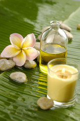 Fototapeta na wymiar frangipani and stones with yellow candle on wet banana leaf