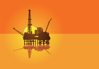 Illustration of oil platform on sea and sunset in background - 64314884