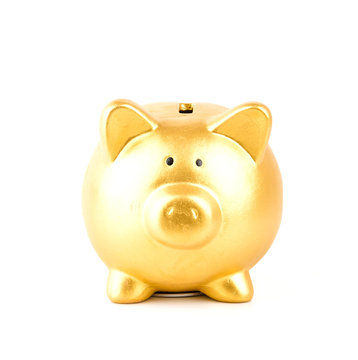 gold piggy bank isolated white background