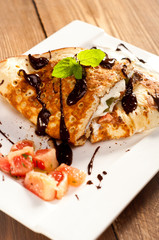 Sponge Pancakes with cheese, fruit, chocolate and mint