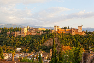 Fototapeta na wymiar View of Alkhambr's fortress on a sunset, Granada, Spain
