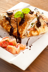 Sponge Pancakes with cheese, fruit, chocolate and mint
