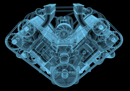 Car engine x-ray blue transparent isolated on black