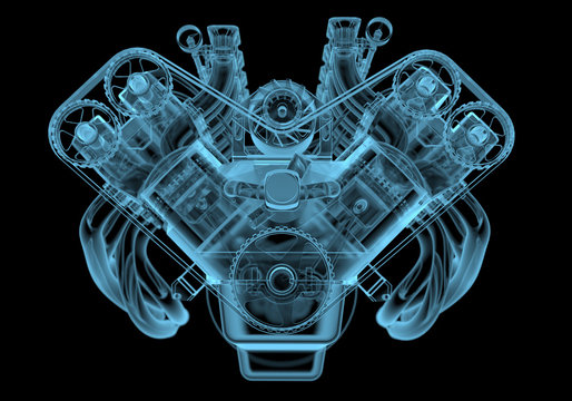 Car engine x-ray blue transparent isolated on black