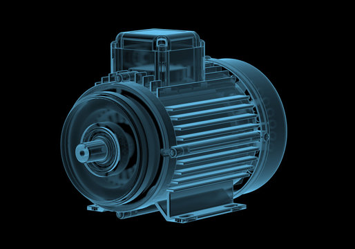 Electric motor with internals x-ray blue transparent
