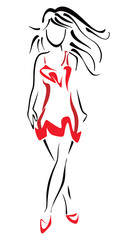 Fashion woman in a red dress on the catwalk