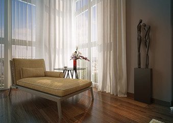 Beige chaise longue in a sunny room .